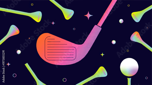 Neon Golf Club in Cosmic Space Pattern, Vibrant Gradient Sports Illustration with Stars, Balls and Abstract Retro Background