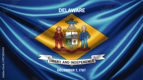 Delaware State Flag Illustration with Blue Silk Waves, Historic Coat of Arms, Liberty and Independence Motto, USA Patriotic Design
