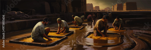Ancient gold panning scene in desert ruins with workers sifting sediment in water channels at sunset, cinematic digital painting