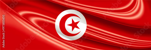 Tunisia Flag Waving in Silk Fabric Texture with Crescent and Star, Red National Banner Background, Patriotic Symbol Illustration