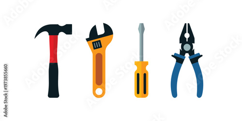 Hand Tools Icons Set with Hammer Wrench Screwdriver and Pliers for Construction Repair