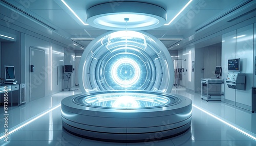 Futuristic Laboratory with Neon Lighting and Technology.
