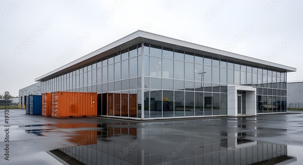 Obraz premium Large modern warehouse with glass facade and shipping containers wet pavement