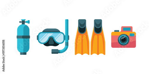 Scuba Diving Icons Equipment Set Oxygen Tank Mask Fins Camera Flat Vector Adventure Collection