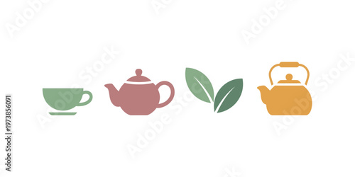 Tea Icons Teacup Teapot Leaves Herbal Drink Beverage Flat Vector Set