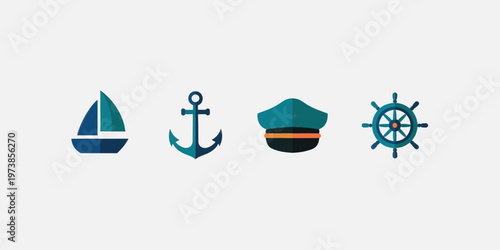 Nautical Icons Set Flat Vector with Sailboat Anchor Ship Wheel and Captain Hat for Maritime, Sailing and Marine Design