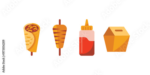 Doner Kebab Fast Food Icons Flat Vector Set with Meat Skewer, Sauce Bottle and Takeaway Box for Restaurant Menu