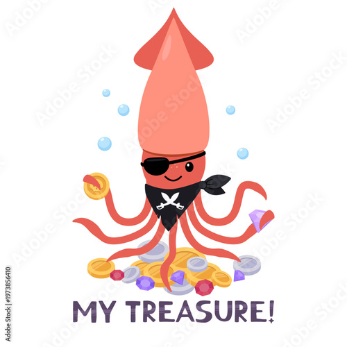 Cute pirate squid cartoon character with eye patch and treasure hoard of gold coins and gems, funny underwater sea creature illustration with tentacles and bandana