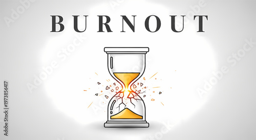 Burnout concept with hourglass and shattered clock hands in sand its illustration only