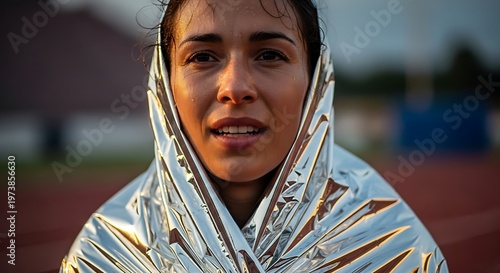 A smiling woman wrapped in a shiny emergency blanket outdoors 2026 Professional track and field athlete performing on red running track