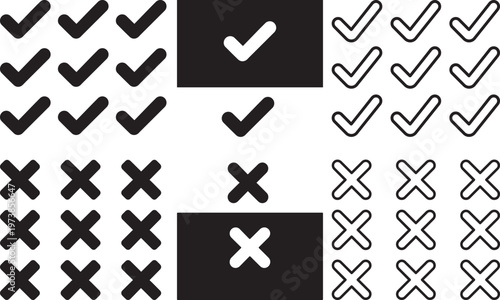 Minimalist check mark and cross icon set, black and white validation symbols, 40 vector elements for UI design and survey forms isolated PNG with Transparent Background