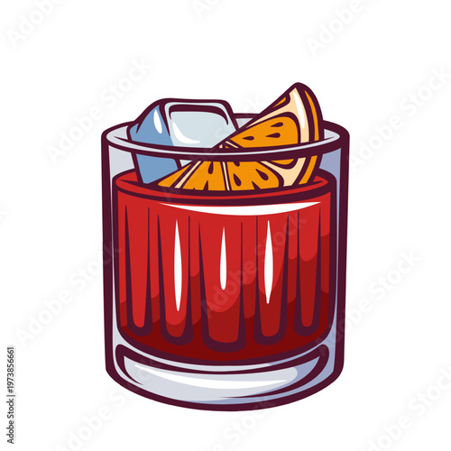 Negroni cocktail in rocks glass with red bitter drink, ice cube and orange slice in retro style. Bar menu, evening drink card and cocktail design with negroni, vector illustration