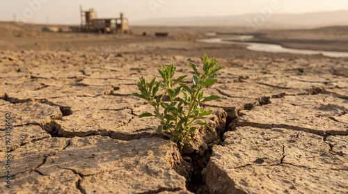Green plant growing from cracked dry soil in arid landscape with distant building structure and riverbed visible under warm sunlight