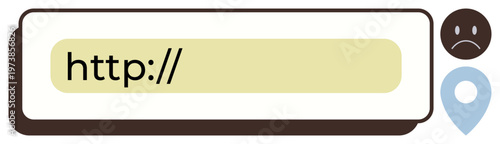 Internet error, web issues, online troubleshooting, technical problems, geolocation issues, online navigation. Search bar with http, sad face and location pin. Internet error and web issues concept