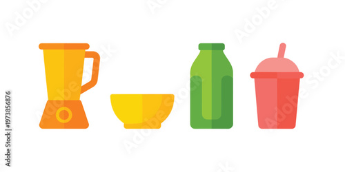 Healthy Eating Kitchen Set with Blender Bowl Juice Bottle and Sippy Cup Illustration on White