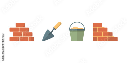 Masonry Tools Icons with Bricks Trowel Bucket and Sand for Construction Building and Bricklaying Projects