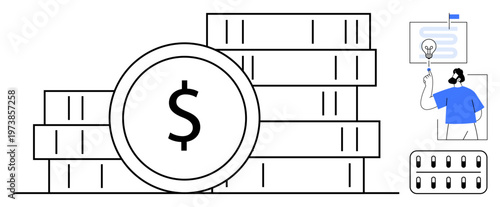 Financial strategies, investment growth, economic planning, innovation, monetary management, startup funding, budgeting. Stacked coins highlighted by a dollar symbol. Financial strategies