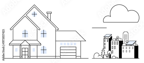 Sustainable energy, eco-living, renewable resources, urban planning, residential development, green technology. Minimalist house and cityscape with solar panels. Sustainable energy and eco-living