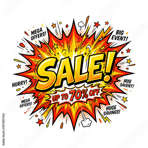 Comic Explosion Sale Banner – Up to 70% Off Mega Discount, Pop Art Promotional Burst for Retail Marketing
