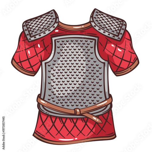 Viking chainmail armor with metal rings, leather belt and quilted sleeves, medieval Norse warrior gear for battle and clan identity. Detailed Viking chainmail armor, vintage vector illustration.