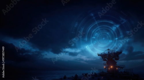 Military radar system scanning over ocean at night with digital overlay. AI-generated.