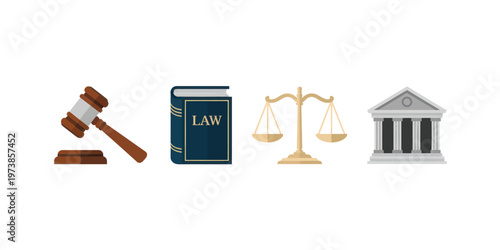 Justice Icons Set with Gavel, Scales, Law Book and Courthouse Flat Vector for Legal and Judiciary Concepts