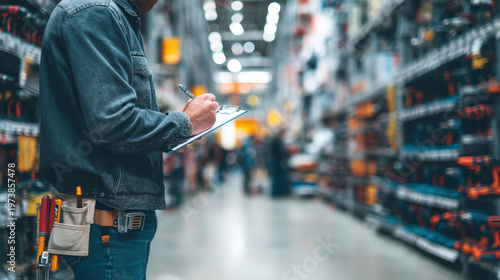 A worker meticulously inspects inventory in a vast hardware store, noting details on a clipboard, highlighting a scene of careful organization and management.