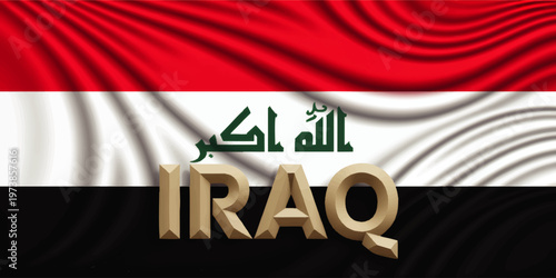 Iraq national flag with Arabic text and gold 3D Iraq lettering, wavy fabric patriotic banner background illustration