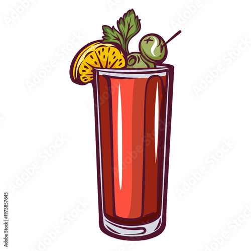 Bloody Mary cocktail in tall glass with tomato red drink, olive, citrus slice and herb garnish in retro style. Bar menu, brunch drink card and cocktail design with Bloody Mary, vector illustration