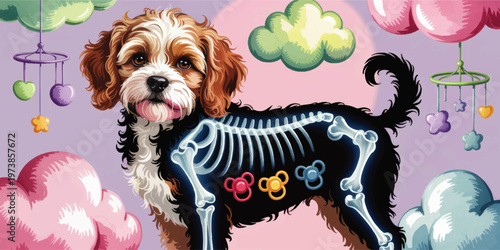 Cute tricolor puppy with xray skeleton illustration in pastel nursery scene, whimsical veterinary dog anatomy art