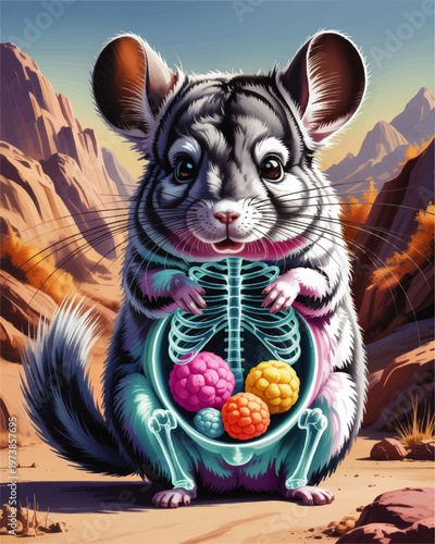 Cute Chinchilla Anatomy Illustration in Desert Landscape with Xray Skeleton and Colorful Internal Organs Educational Art