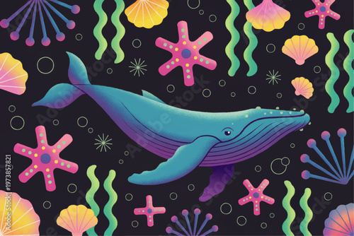 Colorful whale swimming in whimsical underwater ocean pattern with starfish seashells seaweed and bubbles on dark background
