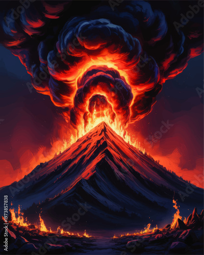 Dramatic Erupting Volcano Illustration with Lava Firestorm, Glowing Crater, and Towering Dark Smoke in Fiery Apocalyptic Landscape