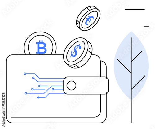 Cryptocurrency, fintech, blockchain, digital payments, e-commerce, financial management. ion of a wallet with digital coins and blockchain lines. Cryptocurrency and fintech concept