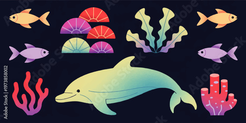 Colorful underwater marine life illustration with dolphin, fish, coral, seaweed and shells on dark ocean background