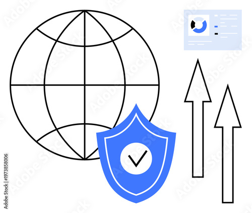 Data security concept. Global shield ensures secure data, arrows growth, and digital identity connections reinforce online trust. Ideal for cybersecurity, fintech, and digital solutions. Business
