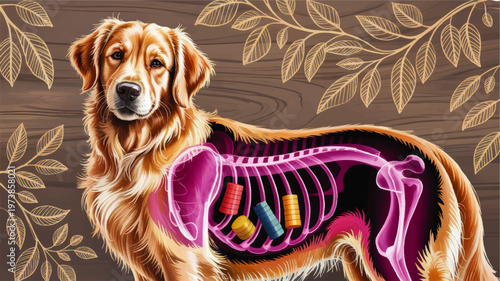 Golden Retriever Veterinary Anatomy Illustration with Skeletal Overlay, Acupuncture Points and Holistic Pet Health Concept