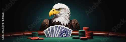 Majestic bald eagle playing poker at casino table with cards and colorful chips, dramatic gambling concept illustration