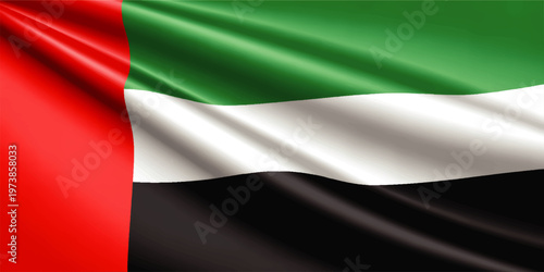 Waving United Arab Emirates Flag Background with Red Green White and Black Silk Fabric Texture, National Banner Close Up