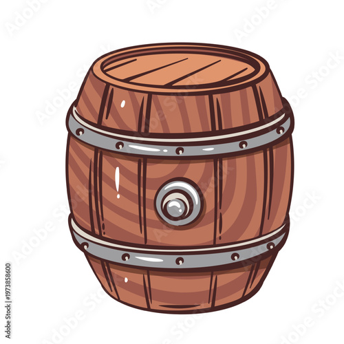 Viking mead barrel with metal bands and tap, medieval tavern storage for honey drink, norse feast symbol used in longhouse celebrations. Vintage engraving line barrel vector illustration.