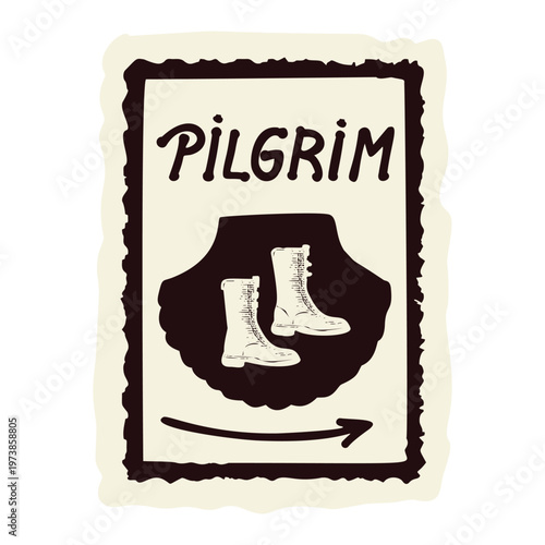Backpackers pilgrim boots on camino trail waymarker. Hand drawn black and white flat vector explorer motif. Pilgrimage signpost arrow for St James way icon or travel to alergue pitstop motif.