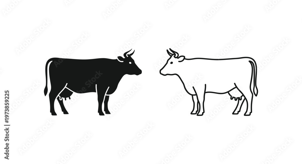 Fototapeta premium Bull and Cow Symbols: Minimalist Animal Icons Guide Vector