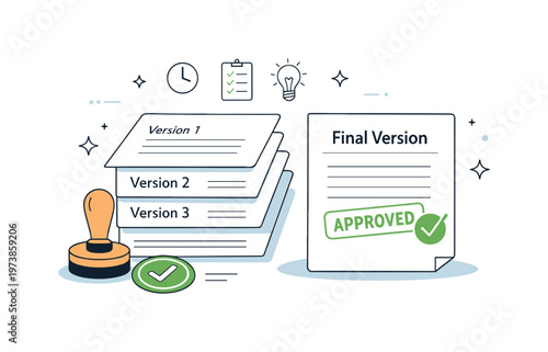 Document version approval. A calm editorial scene with stacked document versions, a checkmark stamp, and a final approved file highlighted, showing clarity and
