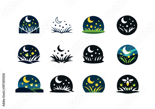 fireflies. Icon set. Set Logo of fireflies: night meadow glow. harmonious logo variations of the same emblematic concept, each with different