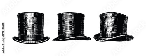 Hat top hat A realistic top hat with tall cylindrical crown and flat brim shown in three views: front view, side profile, and angled view, emphasizing rigid
