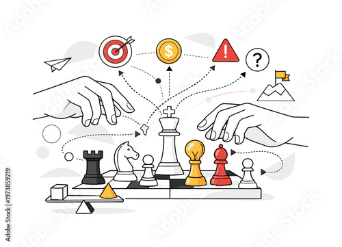 Strategic Thinking. Hands hovering over chess-like pieces, multiple possible paths shown with dotted lines, mood of logic and foresight. Balance between risk