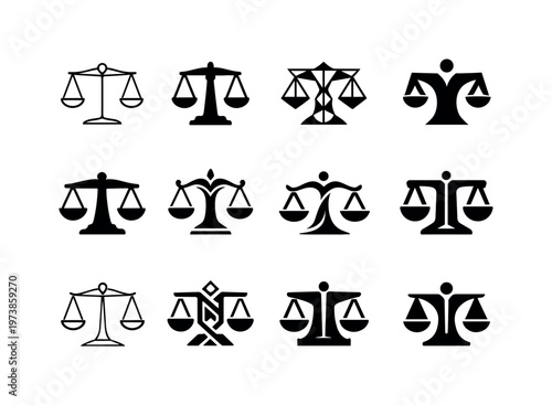 Ethical dilemmas. Icon set. Set Logo of Ethical dilemmas: balanced scales. harmonious logo variations of the same emblematic concept, each with different