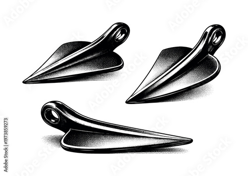 Anchor fluke detail. A realistic anchor fluke section with sharp edges and curved profile is presented as a single object shown in three views emphasizing