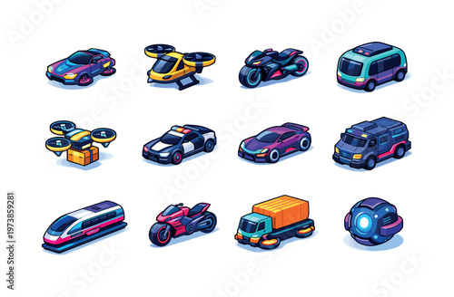 Futuristic Vehicles. Colorful isometric vector icons set of Futuristic Vehicles: hover car, flying taxi, cyber motorcycle, autonomous bus, delivery drone,
