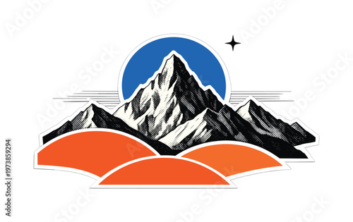 Black and white retro-style layered mountain peaks with realistic vintage engraving texture, bold deep blue circular sun positioned behind the tallest peak,